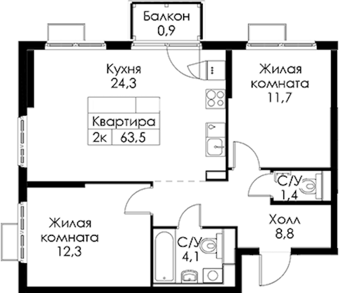 2-комнатная квартира 63.5 м², 4/13 эт., ЖК «Кантемировская 11»